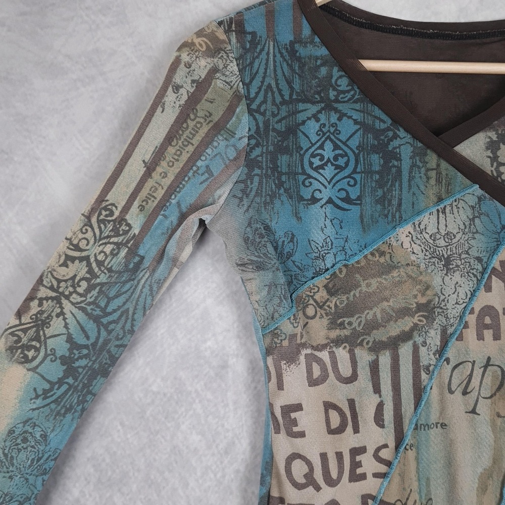 Women’s Mixed Print Asymmetric Long-Sleeve Blouse - Teal & Taupe - Picture 7 of 16